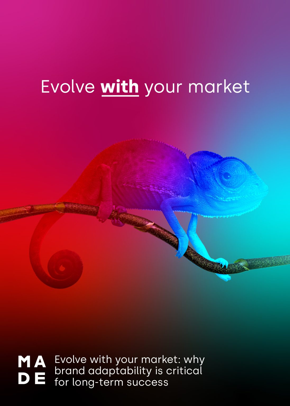 The background is a bright gradient of red, blue and pink. In the foreground is a stick with a chameleon sitting on it. The chameleon is blending into the background slightly to show it is evolving.