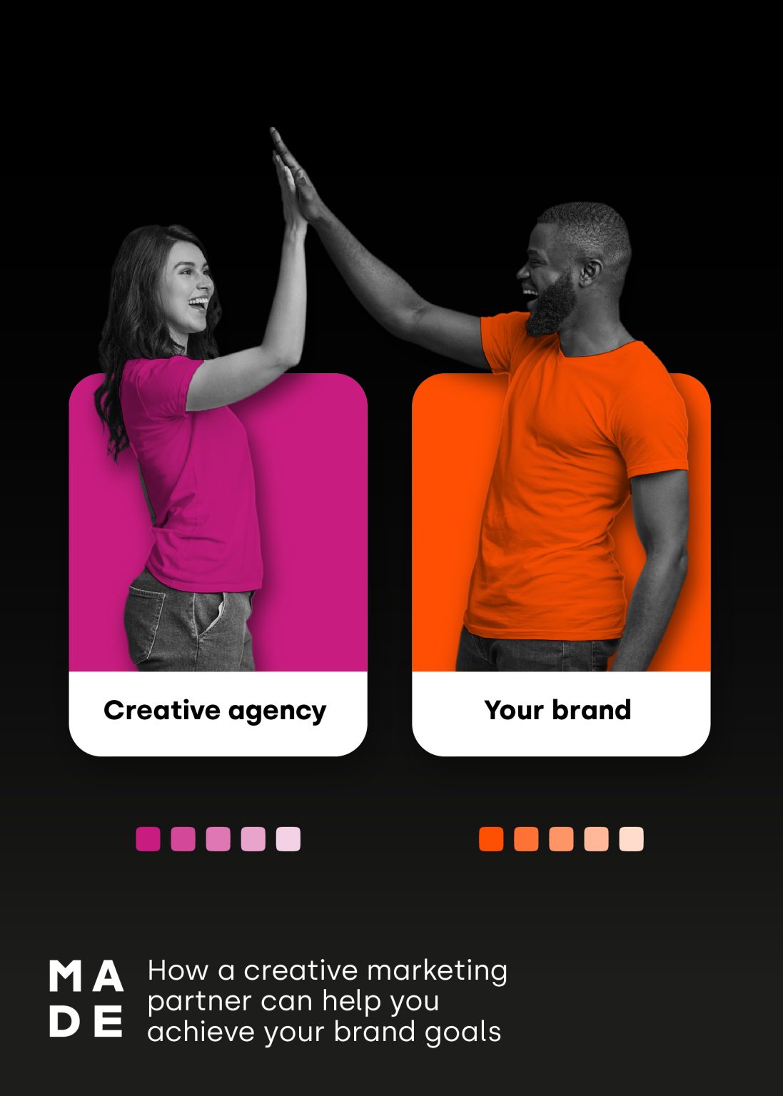 On a black background, two people - a man and a woman - are high-fiving each other. He is dressed in a neon orange top and her top is neon pink. They are encapsulated in boxes. The high-five symbolises the partnership.