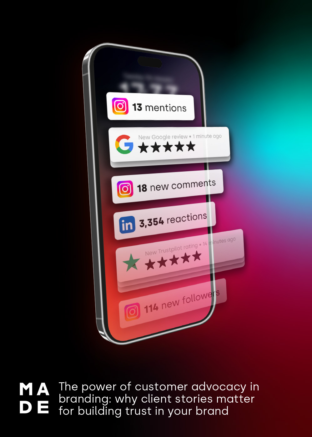 This is an image of a phonescreen shown tilted slightly away from the viewer. On the screen are multiple cut-out screen shots of different online review platforms where customers are reviewing the service provided by a company.
