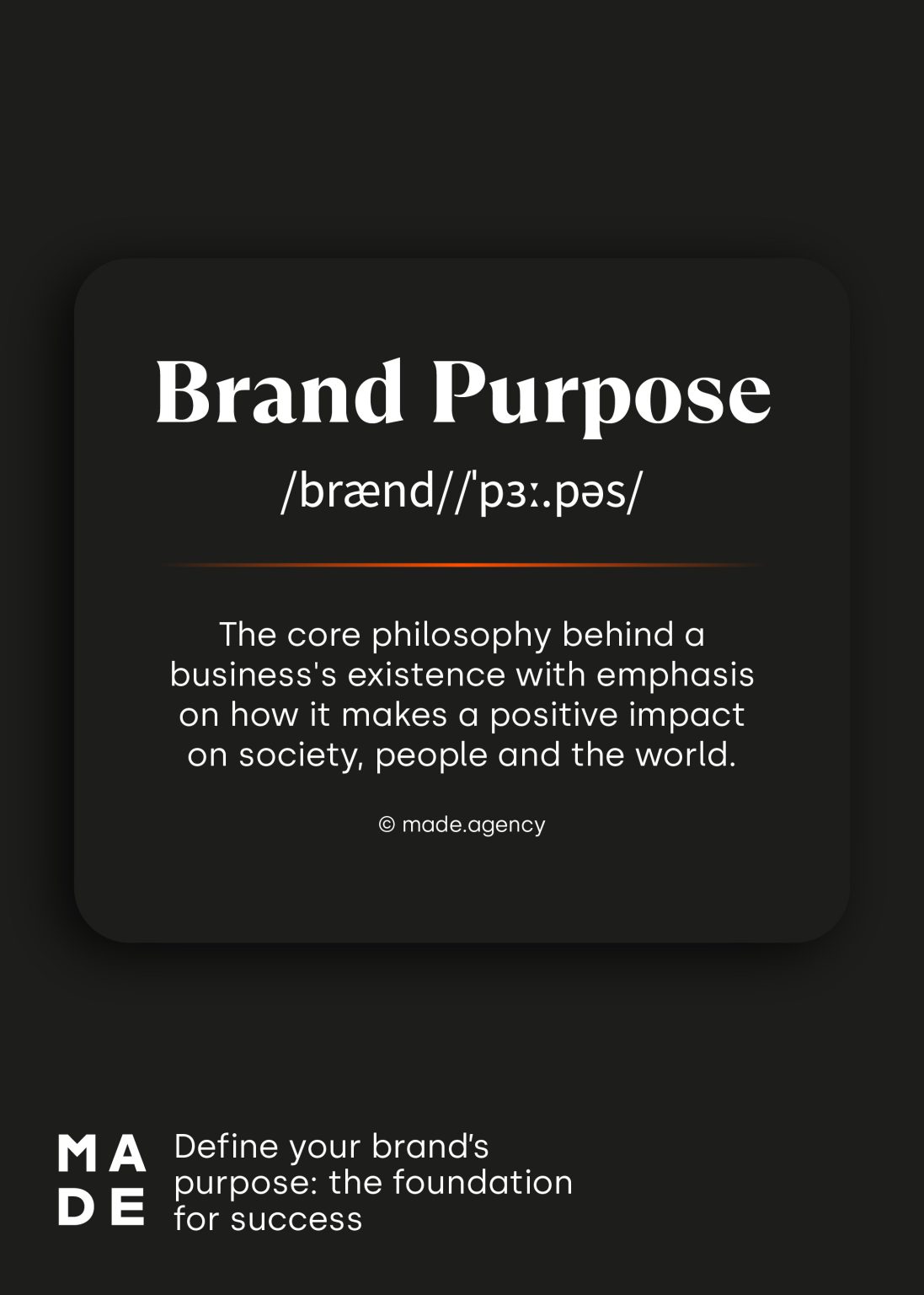 This is Dictionary style definition for 'brand purpose' in white text on a black background