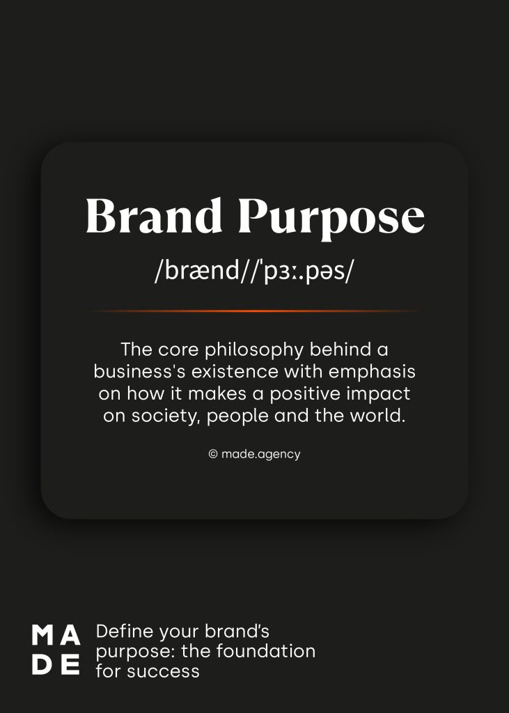 This is Dictionary style definition for 'brand purpose' in white text on a black background