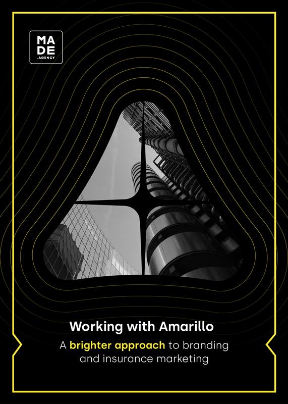 The Amarillo logo 'A' in the middle of a black page. The 'A' is transparent and in this space is a ground level facing upwards picture of the Lloyd's insurance building, in black and white. There is a yellow border around the picture and at the bottom is the blog title 'Working with Amarillo: a brighter approach to branding and insurance marketing