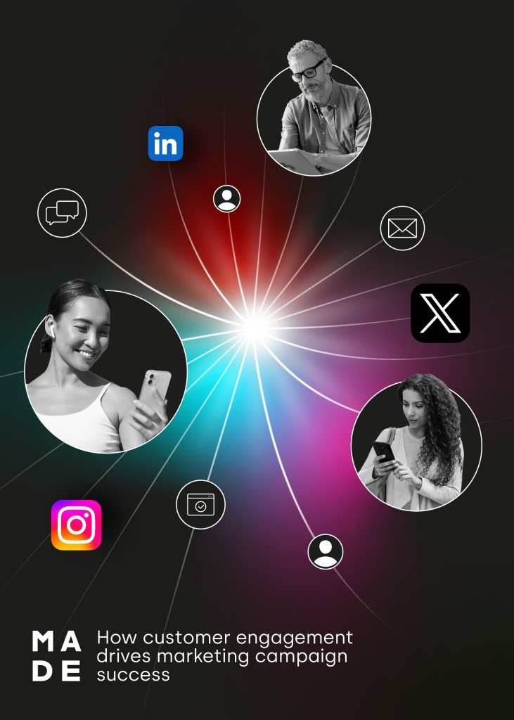 Abstract marketing visual showing diverse customers engaging with digital platforms like LinkedIn, Instagram, and X. Lines connect them to a central light source, symbolising customer engagement driving campaign success. Made Agency branding is visible in the corner.