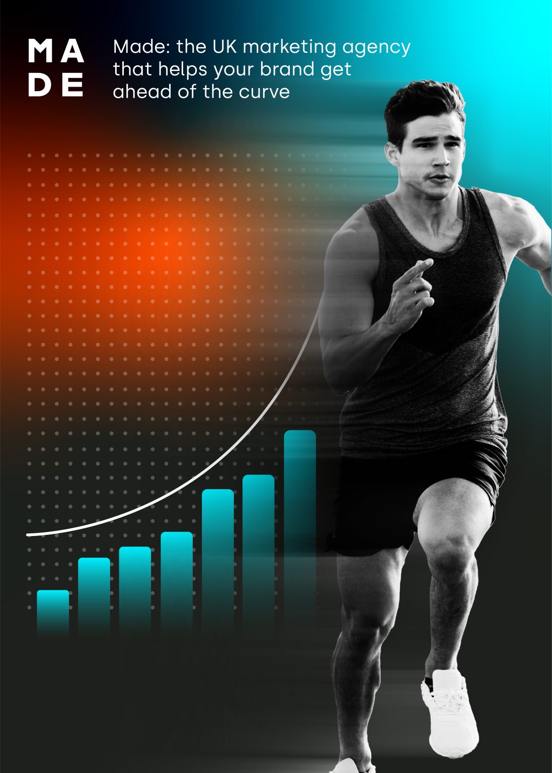 This is a UK marketing blog cover for Made agency featuring a focused runner in motion alongside a rising bar chart, symbolising business growth and staying ahead of the curve