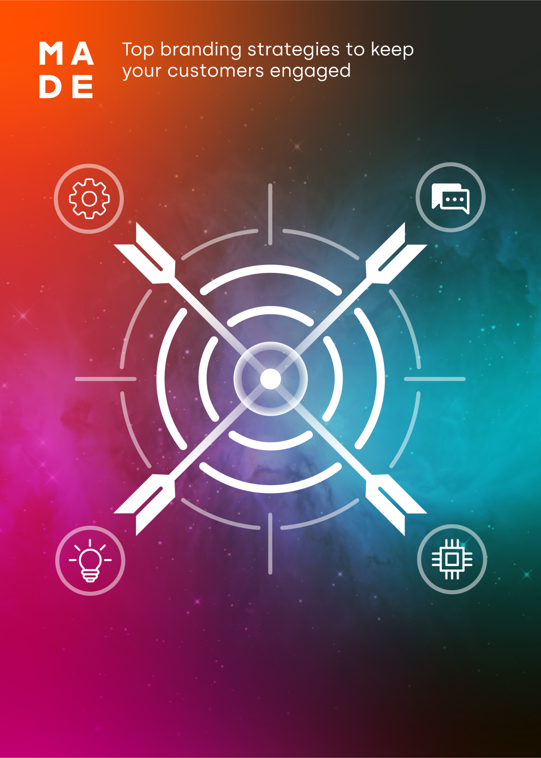 Blog cover with a target and arrows symbolising focus, surrounded by icons for ideas, technology, communication and processes, with the title ‘Top branding strategies to keep your customers engaged’ The background is graduated orange, blue and pink