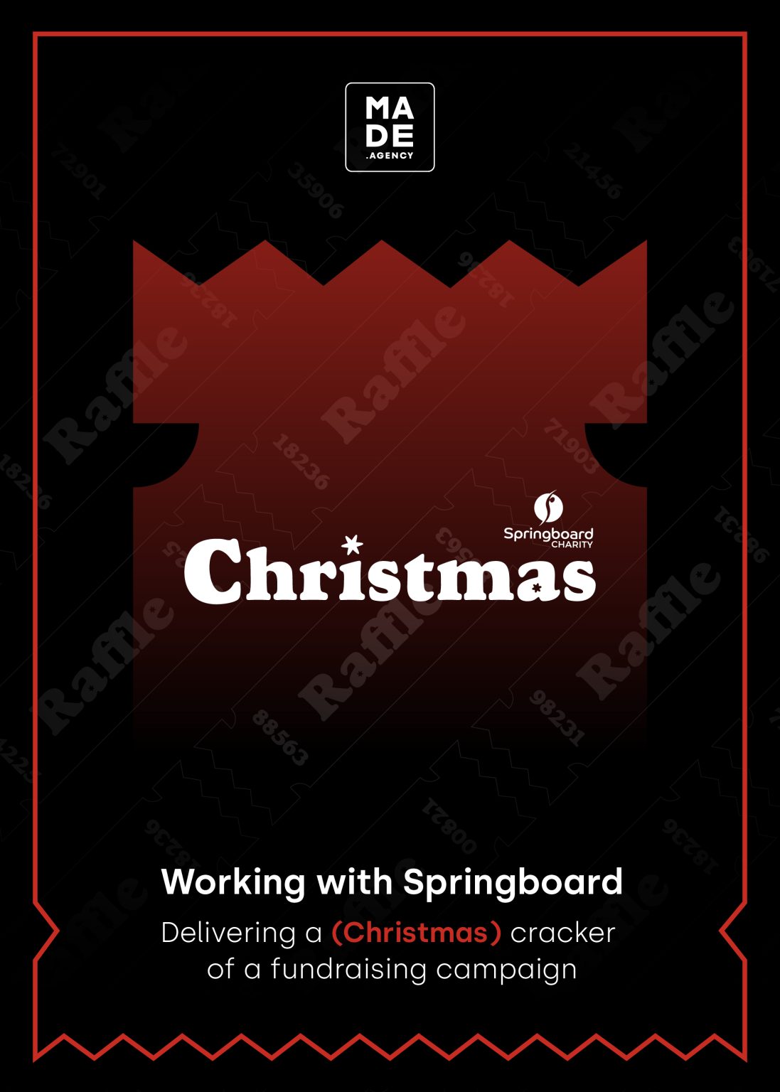 A black background with the a light red Christmas Cracker in the background with white text over the top. The title 'Working with Springboard: Delivering a (Christmas) cracker of a fundraising campaign' sits at the bottom