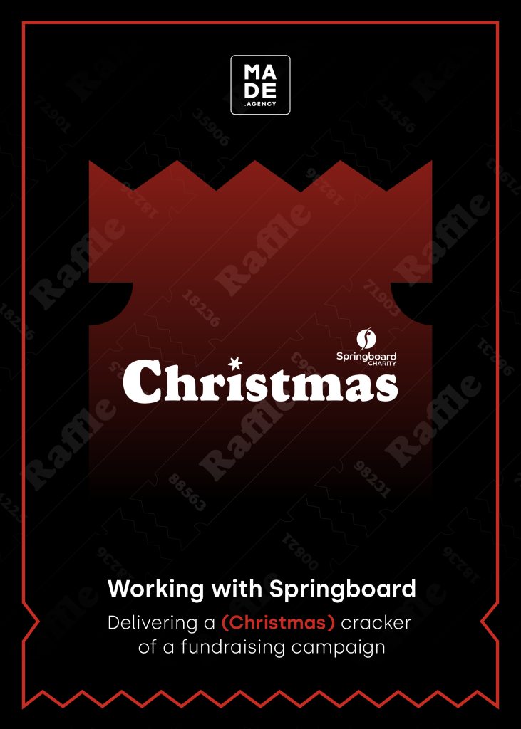 A black background with the a light red Christmas Cracker in the background with white text over the top. The title 'Working with Springboard: Delivering a (Christmas) cracker of a fundraising campaign' sits at the bottom