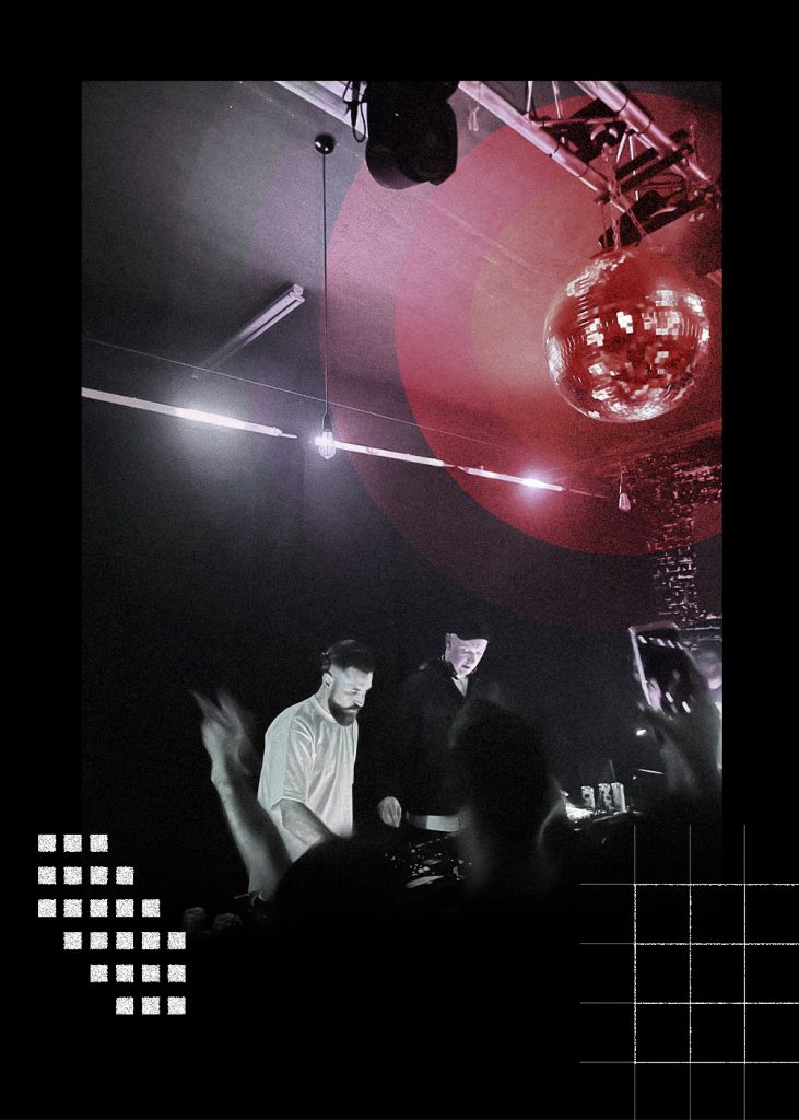 An action photo of two DJs inside a bar, playing tunes with a glitter ball visible in the foreground. The image is surrounded by futuristic patterns